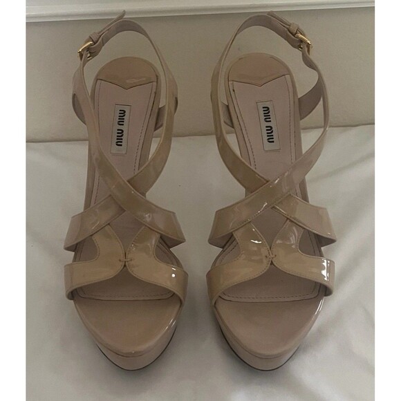 MIU MIU Nude Patent Leather Platform Sandals Size: 39.5/ 9.5 Made in Italy - Picture 1 of 13